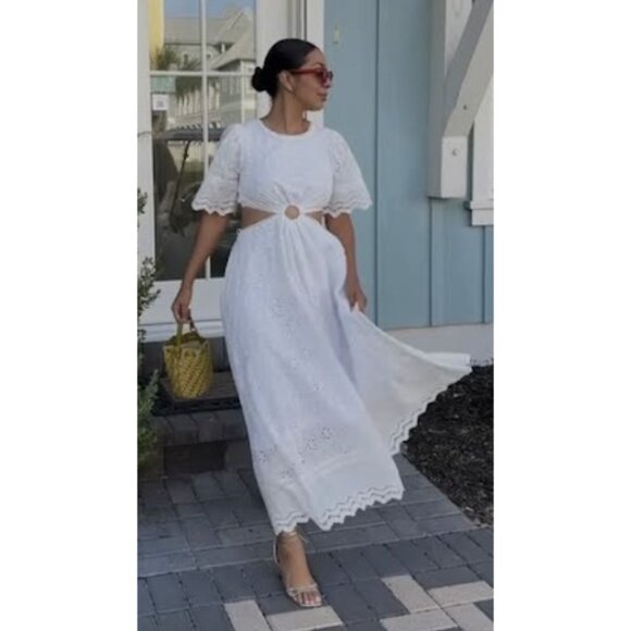 PETAL & PUP Merletto Short Sleeve Cutout Eyelet Maxi Dress in White Size Small - Picture 2 of 15